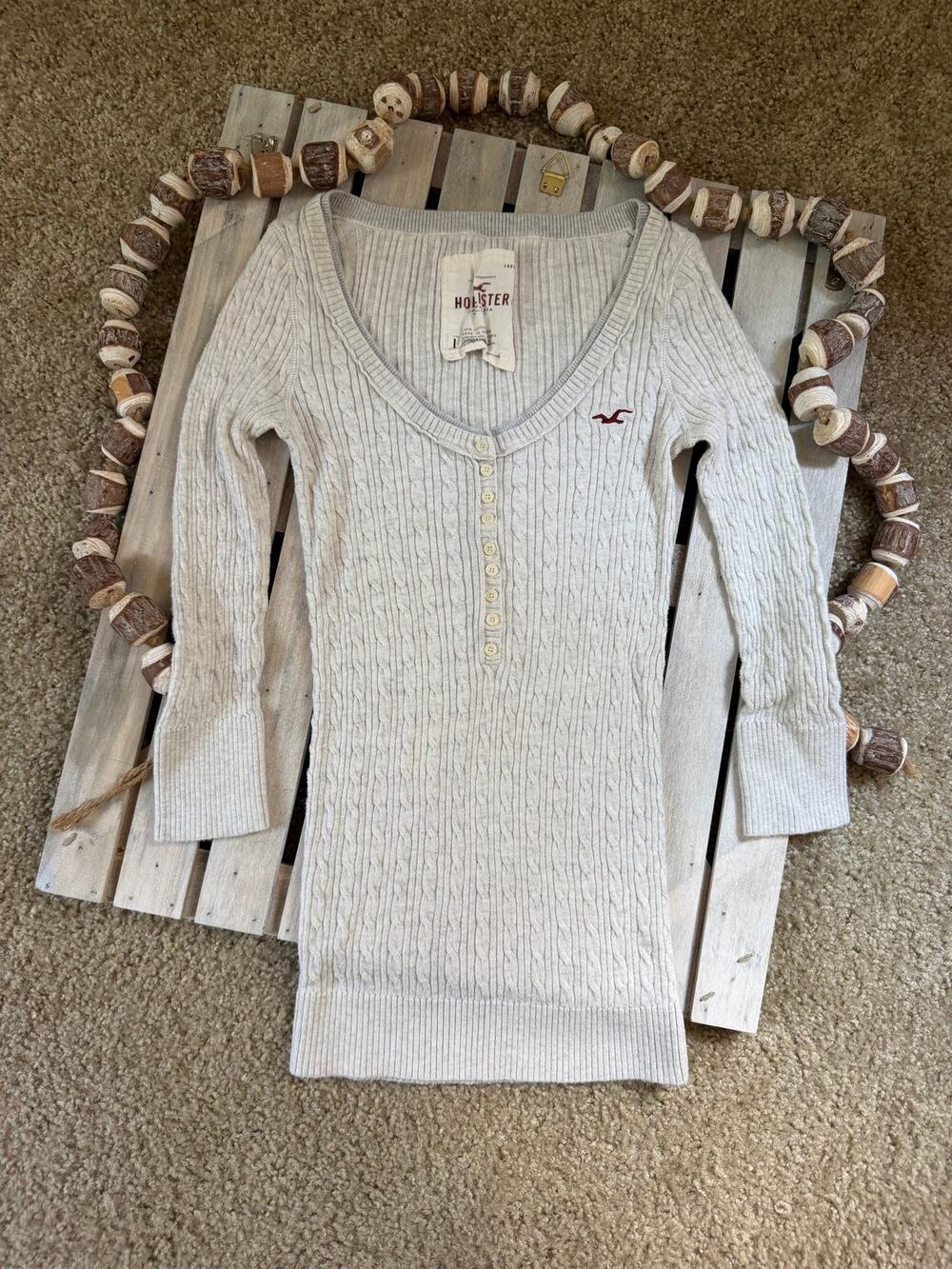 Vintage Y2K Hollister Henley Cableknit Sweatshirt Shirt Top